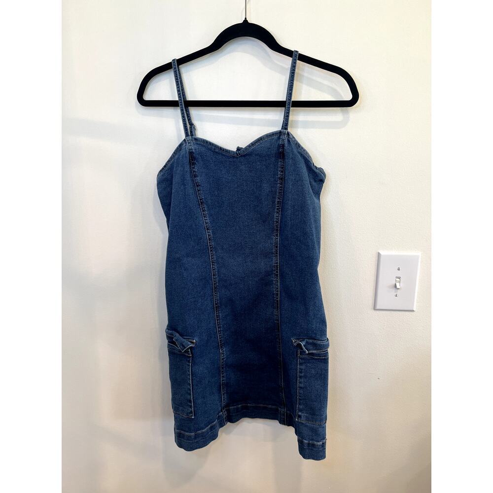 Celebrity Pink Denim Mini Dress Medium Stretch Jean Dress Y2K Pocket Detail